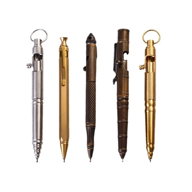 Brass tactical pen with bolt-action mechanism and retro colour finish