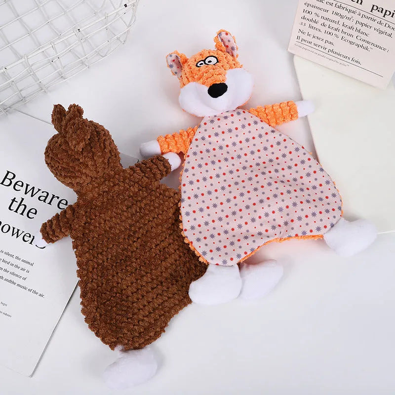 Brown plush velvet fox dog toy with sound paper core, shown next to grey elephant and orange cat versions.
