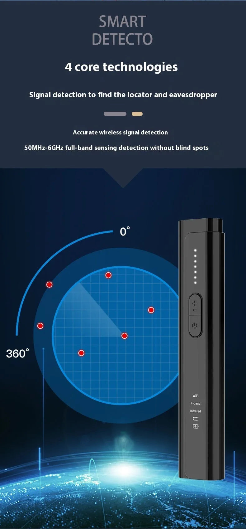 Black or silver plastic Signal Search anti-spy camera detector showing its compact size.