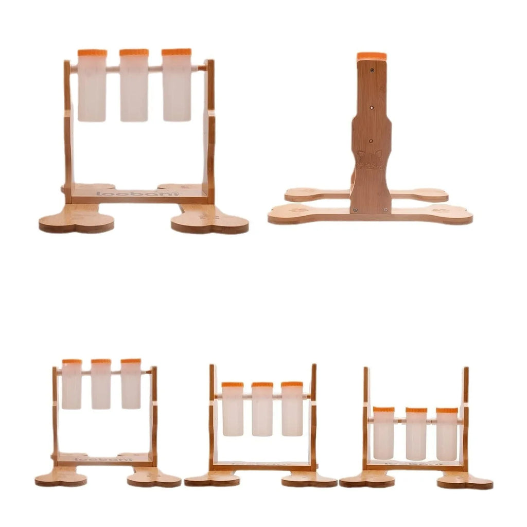 Wooden dog puzzle toy measuring 31x30x20cm with interactive snack dispenser compartments