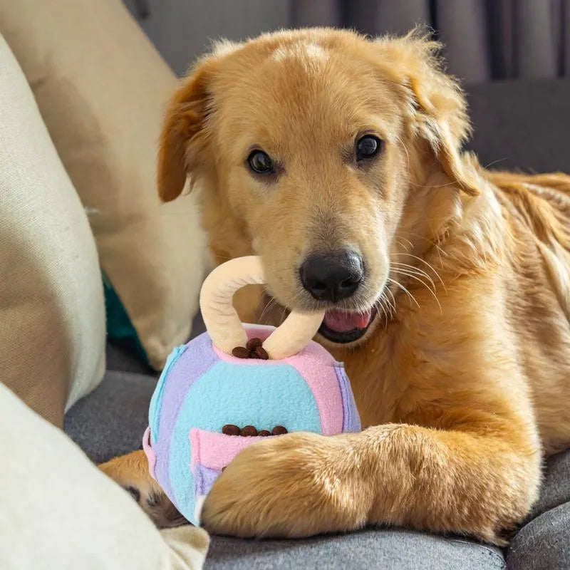 Green or pink plush squeaky ball dog toy with treat pockets for small to medium dogs