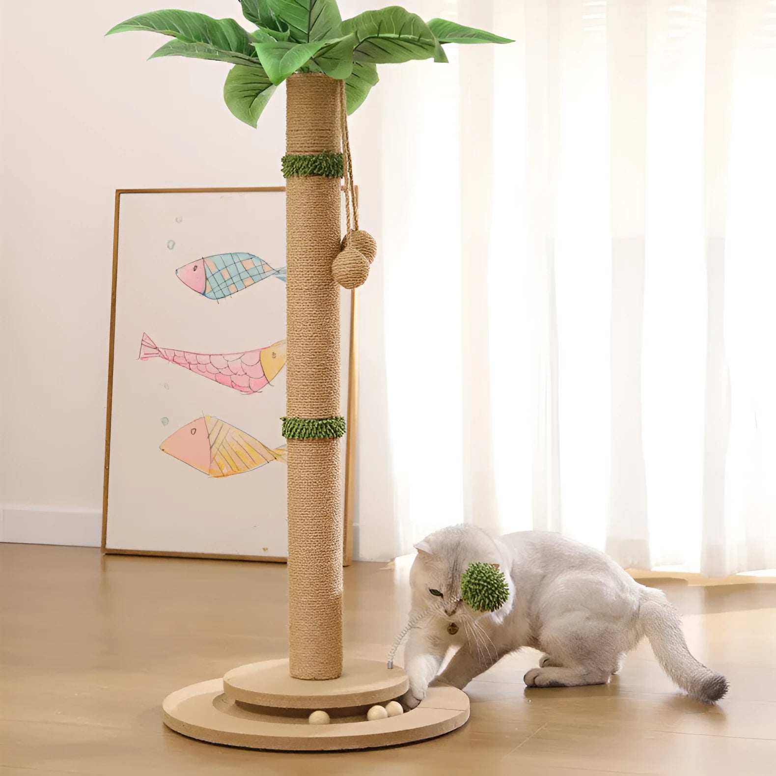 Canna-coloured cat climbing frame with hemp rope scratch posts and density board construction.