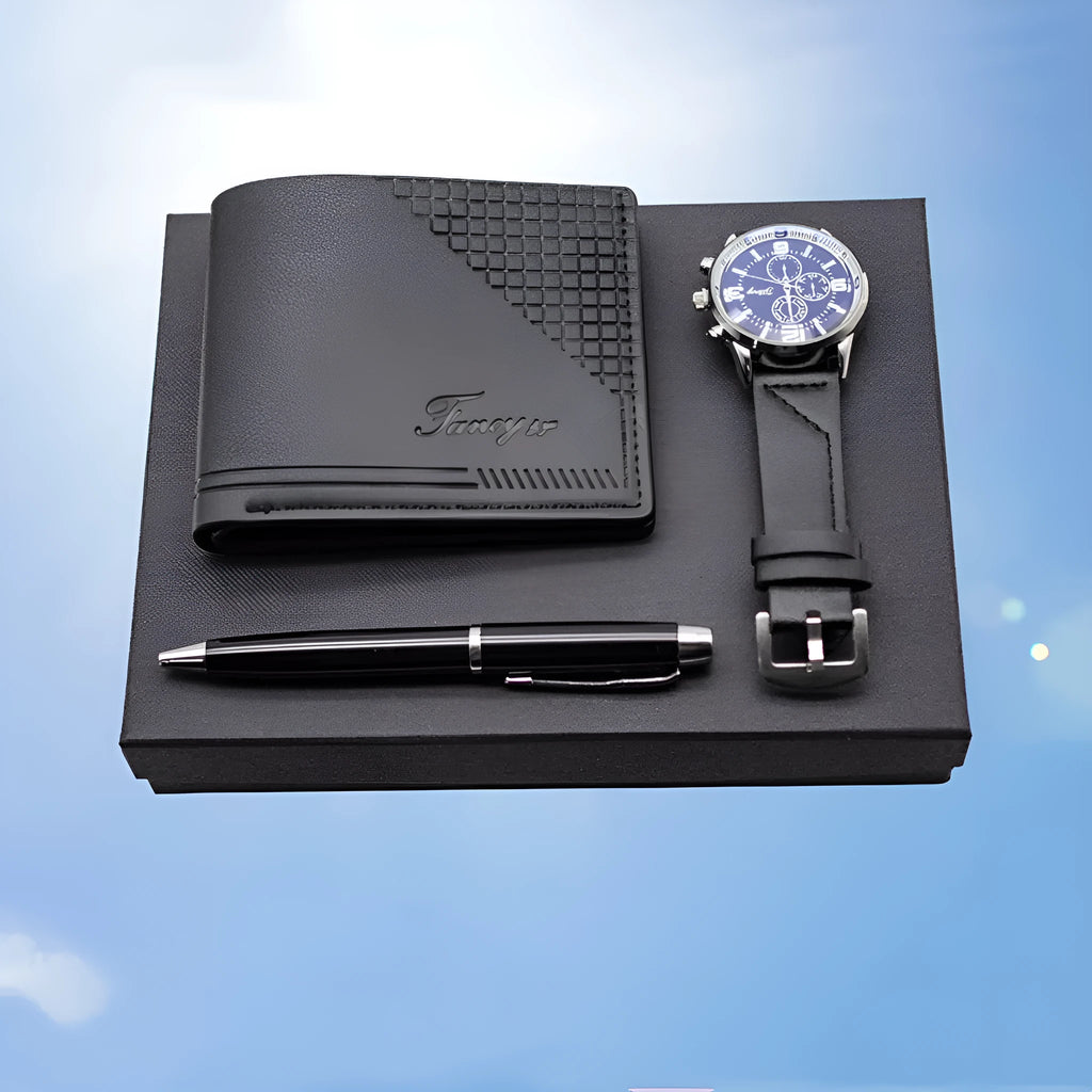 Brown leather wallet, ballpoint pen, and wristwatch set presented in a modern gift box