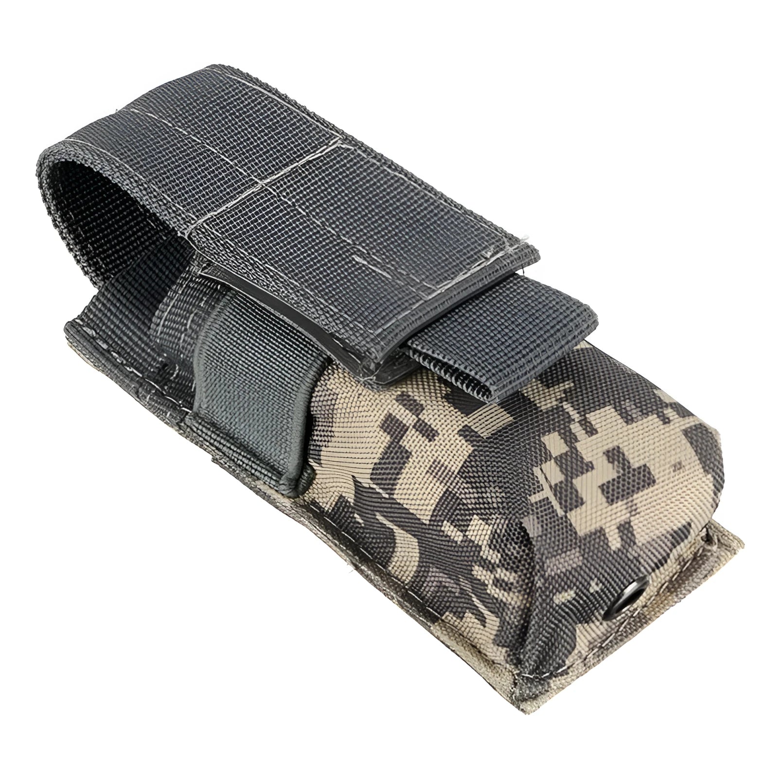 Black tactical Molle waist bag with elastic cord closure, shown next to a pistol cartridge for scale.