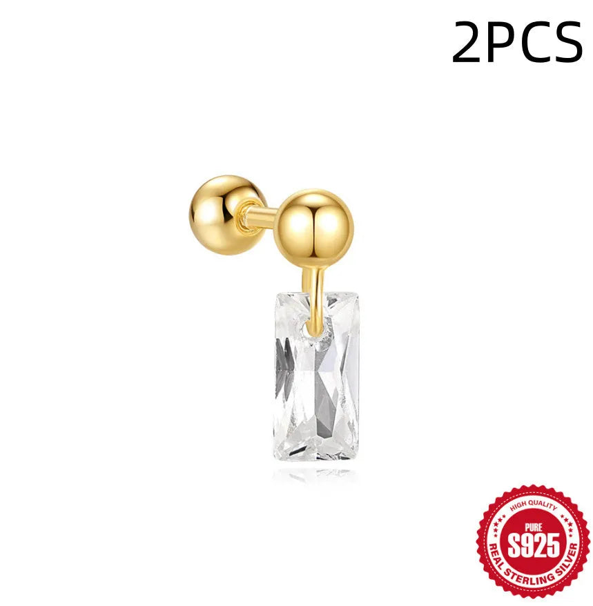S925 sterling silver stud earrings with red square gravel stones and flower design in gold finish
