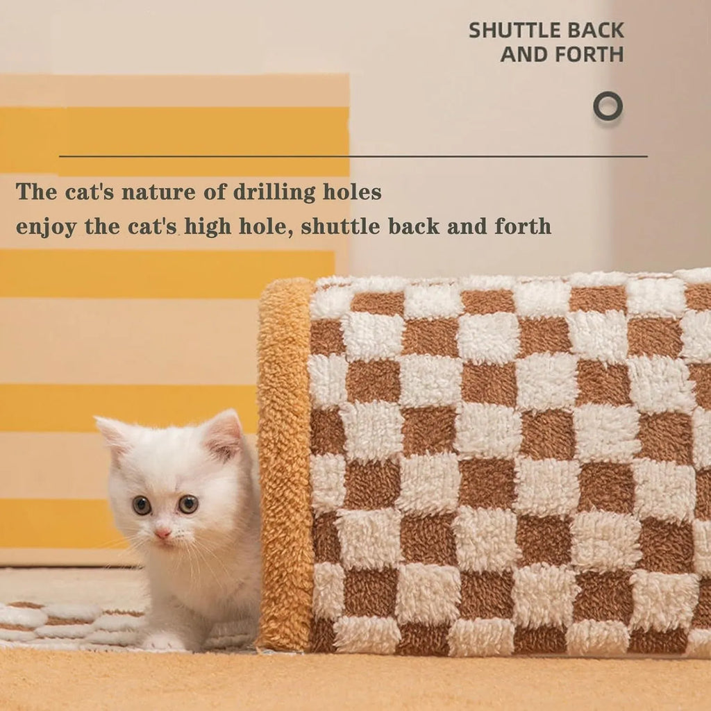Brown plaid cat tunnel bed with central mat, showing non-slip bottom and large XL size.