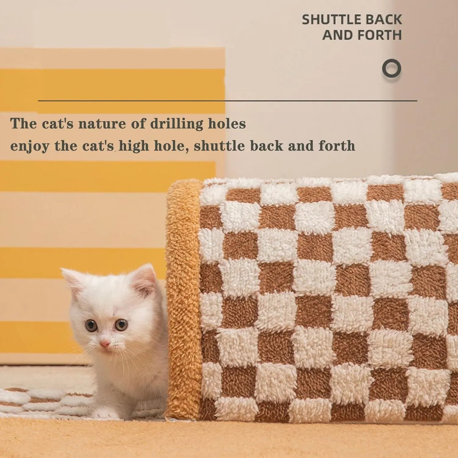 Brown plaid cat tunnel bed with central mat, showing non-slip bottom and large XL size.