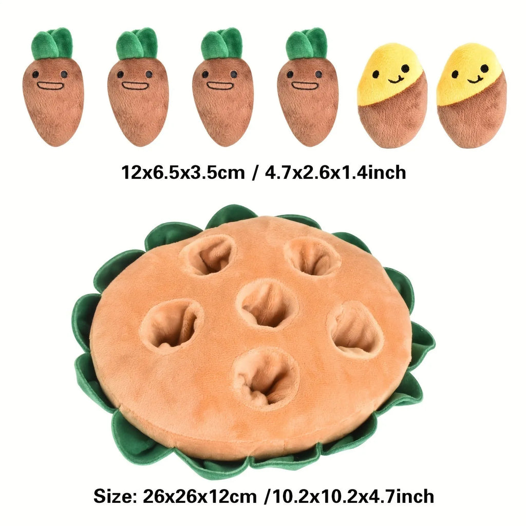 Yellow interactive dog puzzle toy with removable squeaky plush components and polyester slow feeder pad