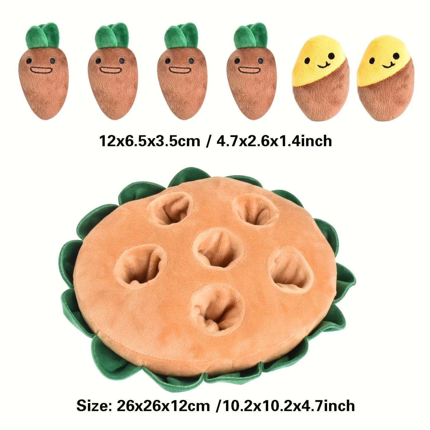 Yellow interactive dog puzzle toy with removable squeaky plush components and polyester slow feeder pad
