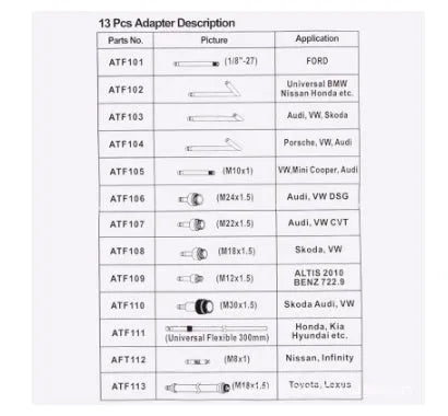 Thirteen-piece automatic transmission oil refuelling tool kit with injector and wave box connector