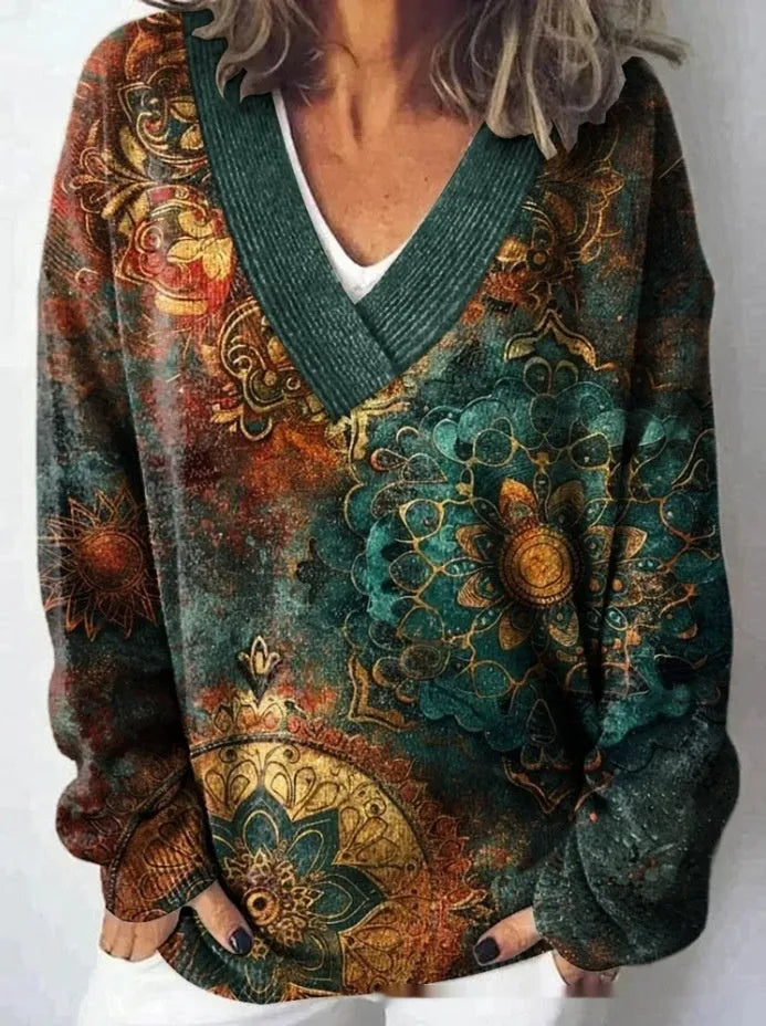Women's V-neck long sleeve sweatshirt with a detailed 3D floral pattern print in art retro style.