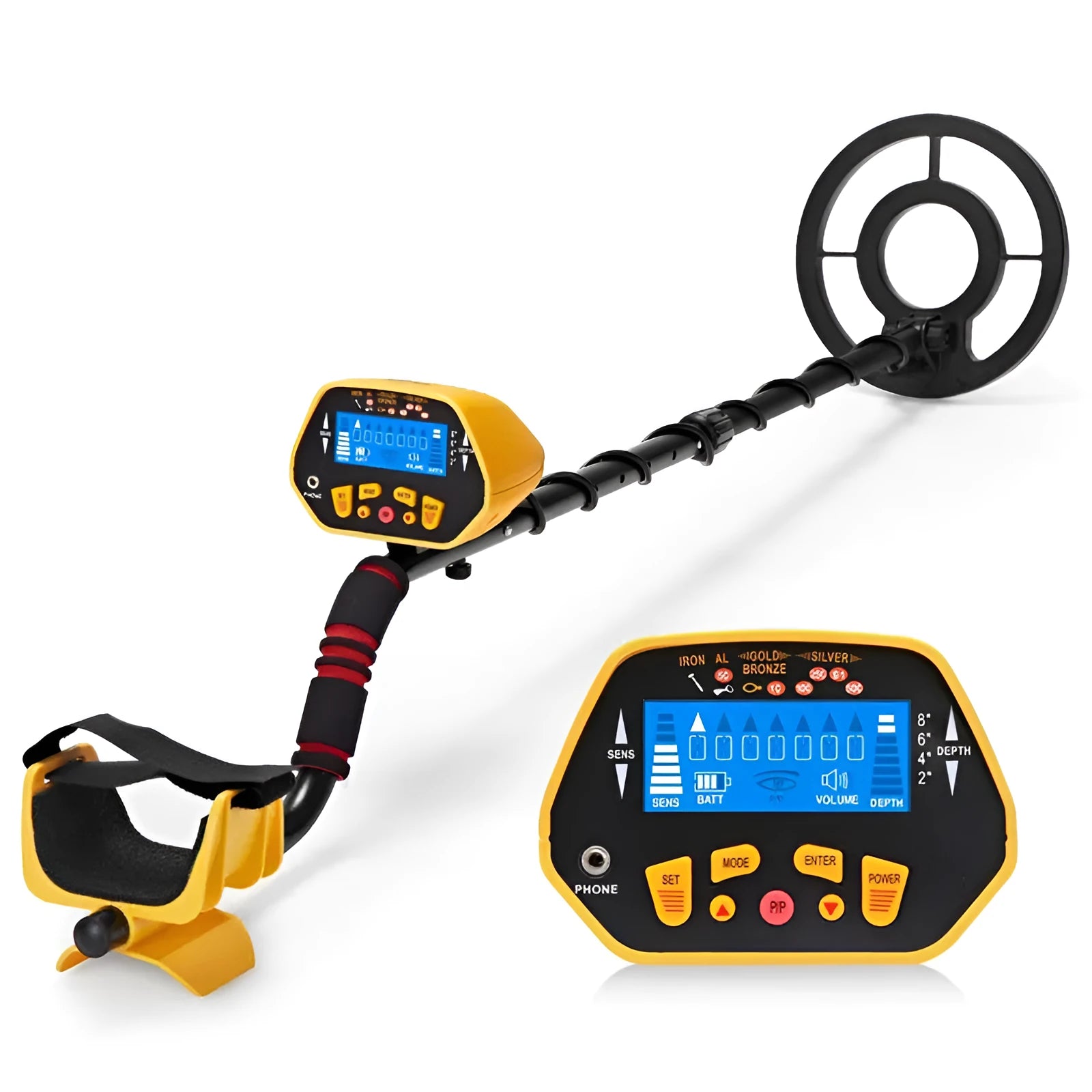 GC1028 professional metal detector in black and yellow with LCD display and waterproof search coil