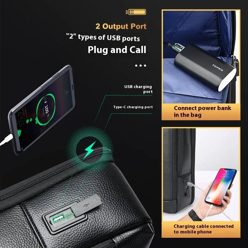 Black leather business backpack for men with USB charging port and curved shoulder straps