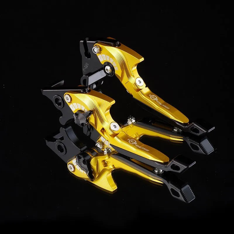 Pair of anodised metal motorcycle horn handle clutch levers with six-speed adjustable length, shown in a selection of colour finishes