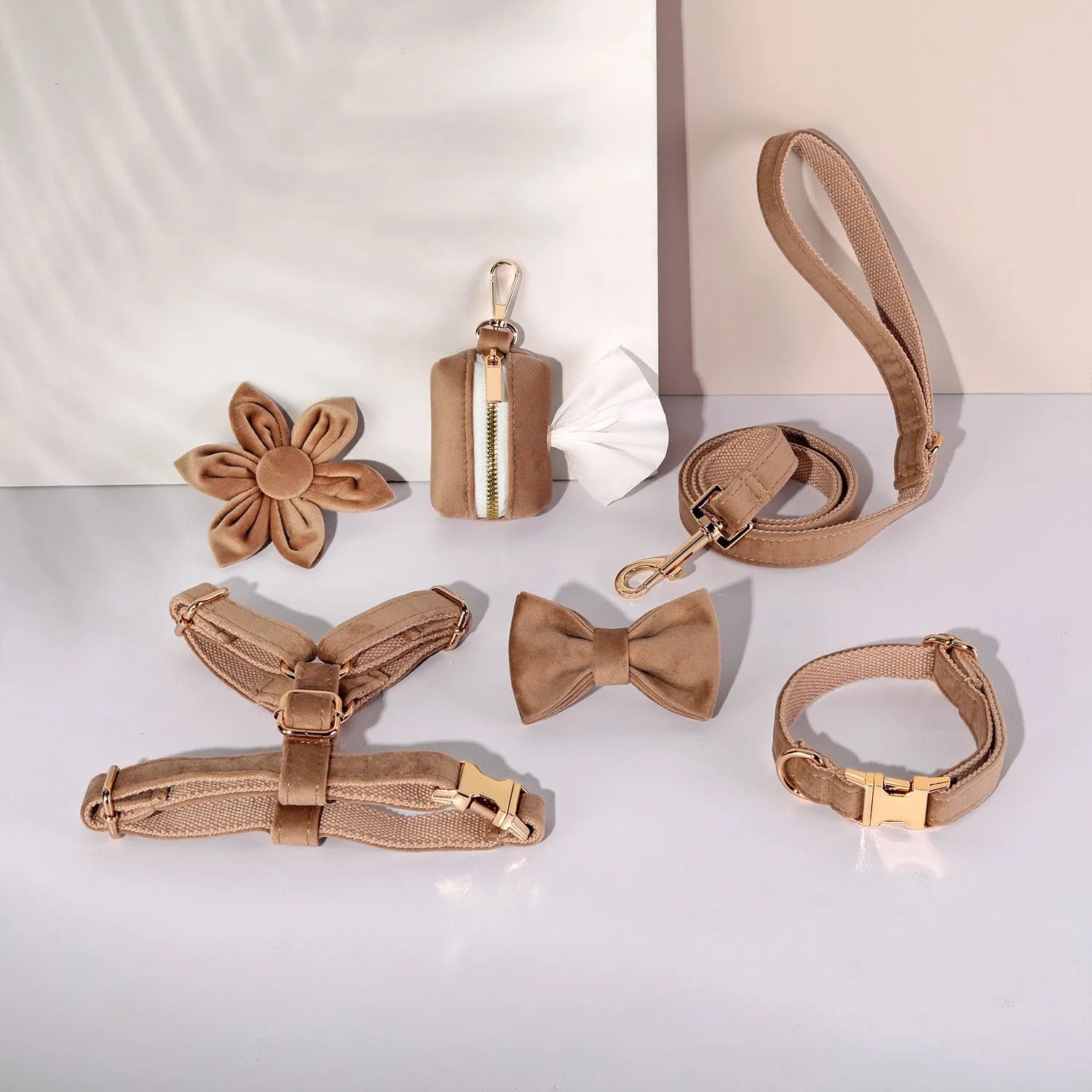 Classic velvet soft pet collar traction rope set with matching harness and accessories in multiple colour options