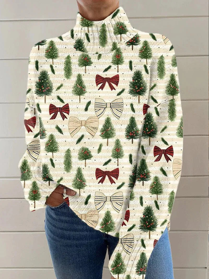 Women's Christmas printed turtleneck sweater showing painting pattern and loose fit