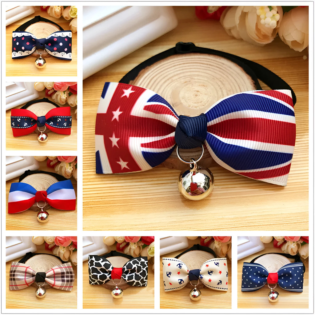 Pet dog bow tie collar with bell in Blue, polyester fabric, adjustable size for small to medium pets