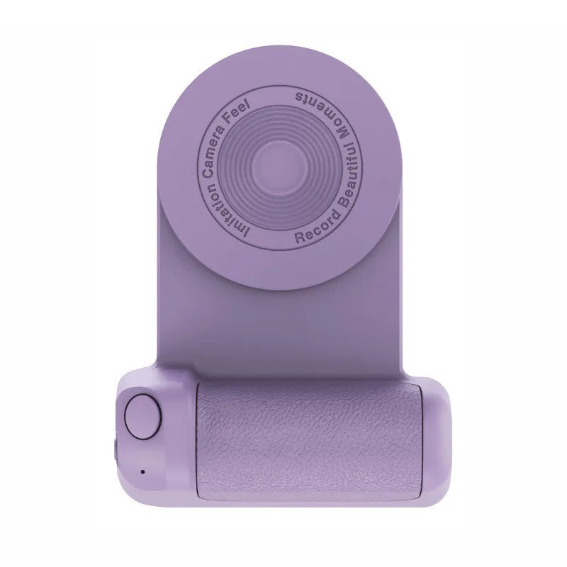 Black magnetic phone holder with ergonomic camera-style grip showing rotatable stand function