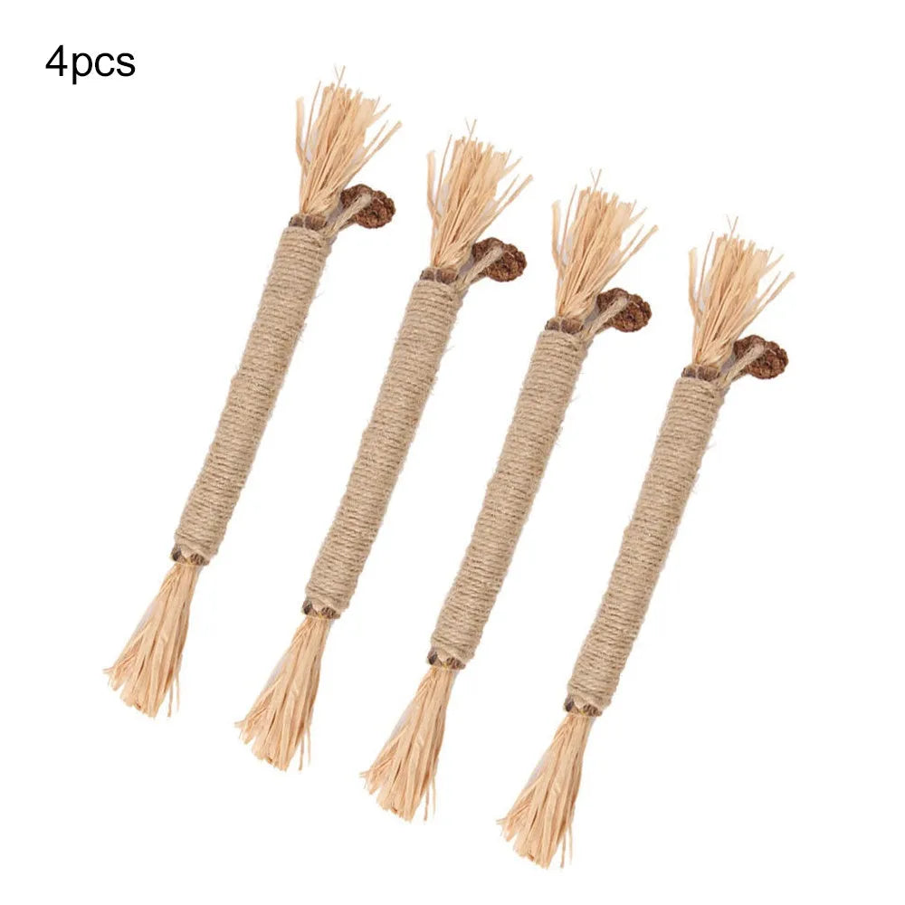 Three natural silvervine chew sticks for cats with sisal rope, shown with Fine and Thick diameter options.