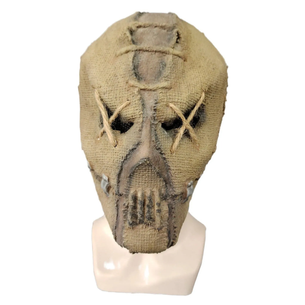 Close-up of a detailed latex scar skull mask head cover for adult Halloween costumes