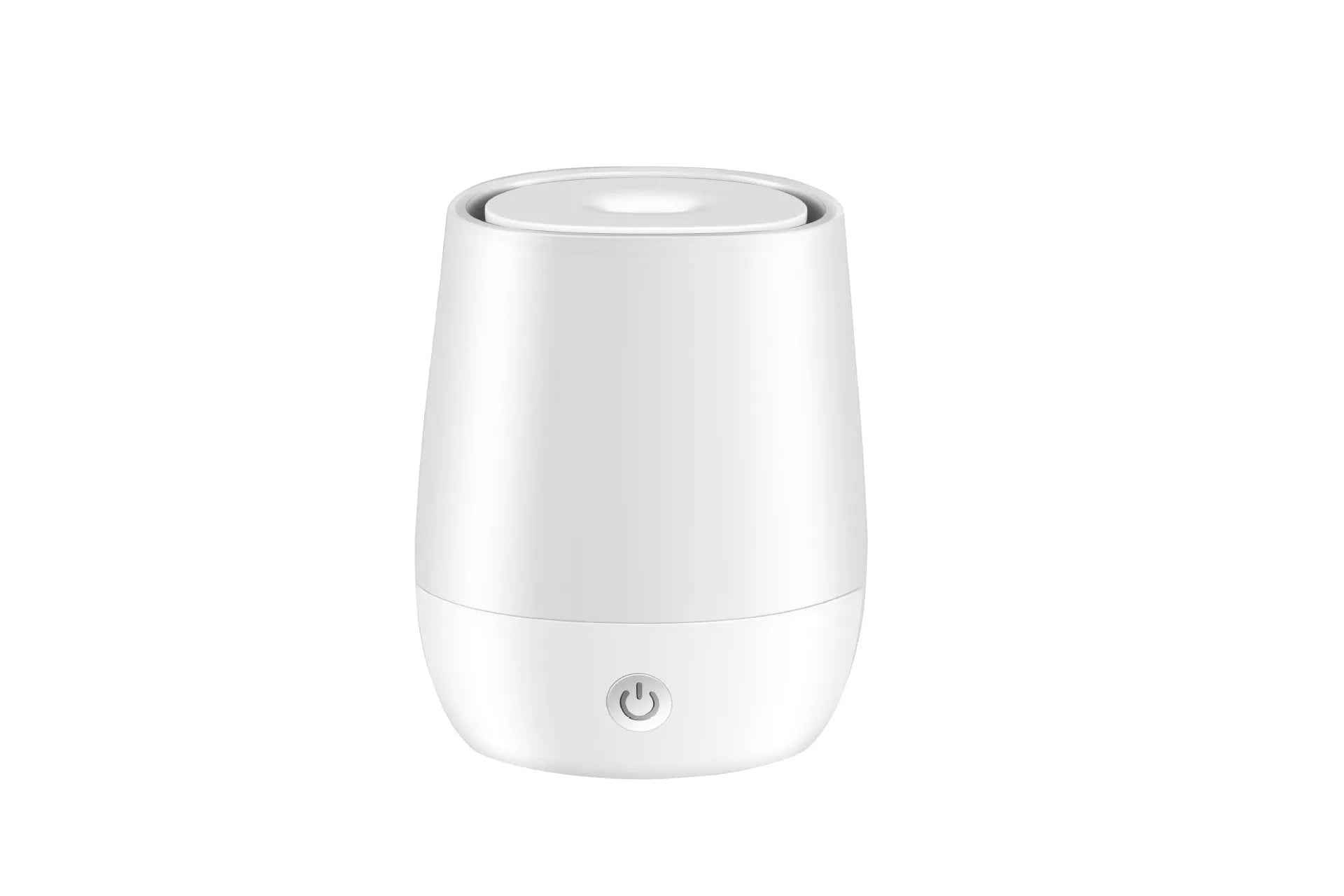 White USB aroma diffuser humidifier with flickering flame effect light on a wooden surface.