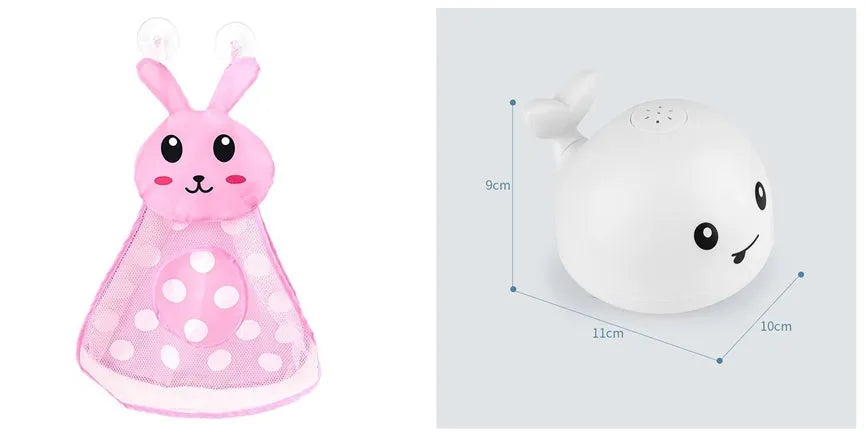 Whale-shaped electric bath toy spraying water with flashing lights, on a blue base.