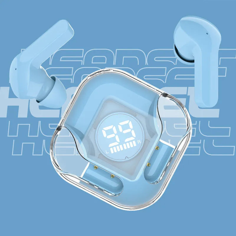 Transparent TWS wireless Bluetooth earbuds showing internal components in one of five colour options