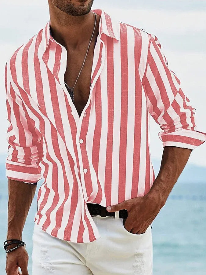 Men's yarn-dyed striped casual shirt in British style cardigan cut with loose fit long sleeves