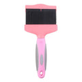 Double-sided stainless steel pet brush with blue handle showing both flexible and firm pin sides
