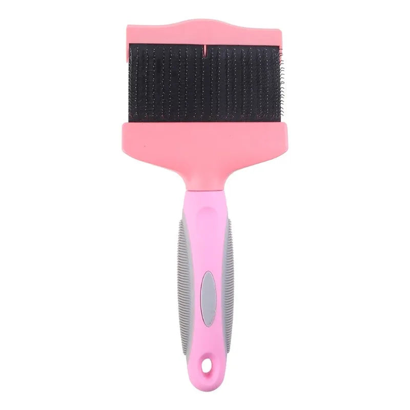 Double-sided stainless steel pet brush with blue handle showing both flexible and firm pin sides