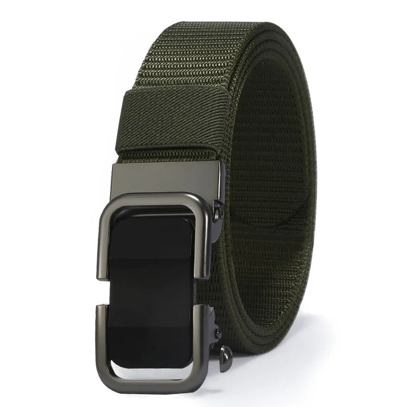 Men's nylon canvas belt in army green with an alloy buckle, laid flat showing 120cm length.