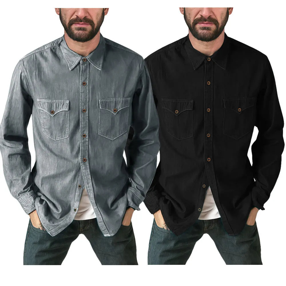 Man's khaki cotton denim cardigan coat open front, regular fit, casual style.