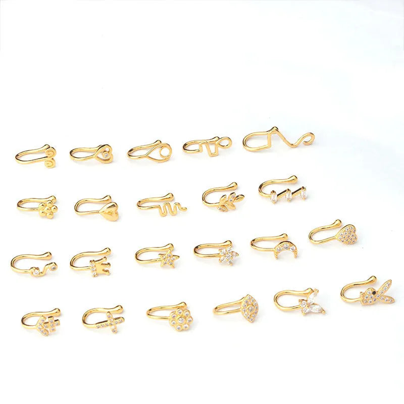 Heart-shaped non-piercing nose ring clip in brass alloy with AAA zircon crystal, gold finish, 11mm clip length