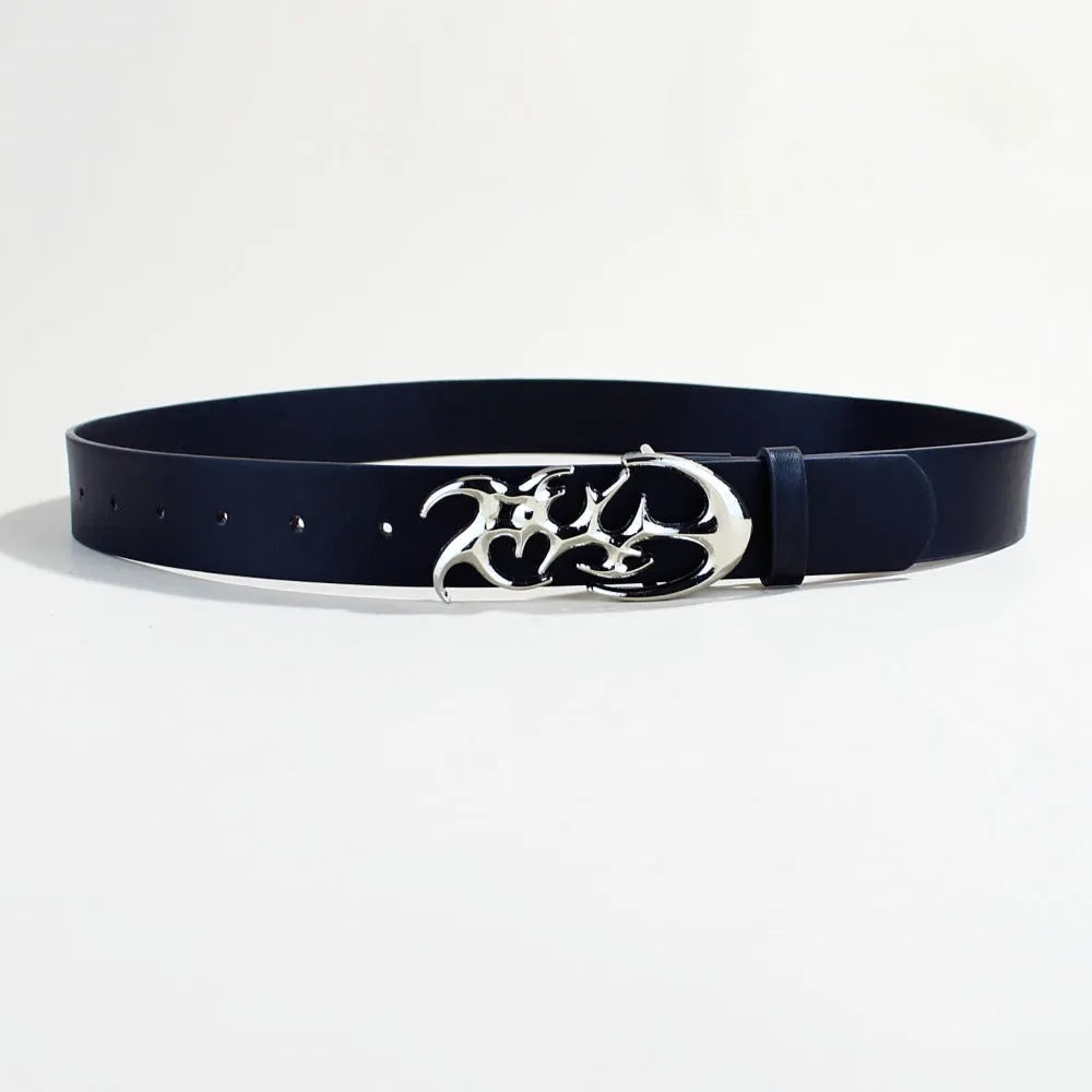 Casual silver buckle belt made from black PU leather with a 105cm length