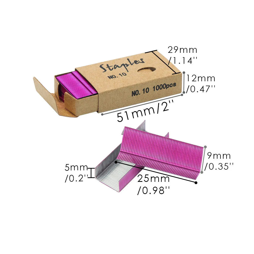Box of 1000 metal stitching needle staples in black, purple, rose gold, and rose red colours.