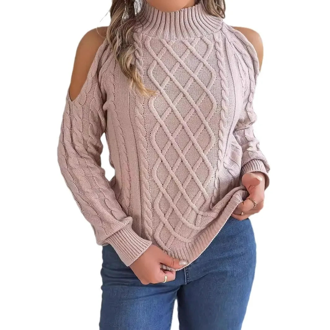 Women's gray acrylic sweater with twisted pattern, strapless half-high collar, and long lantern sleeves.