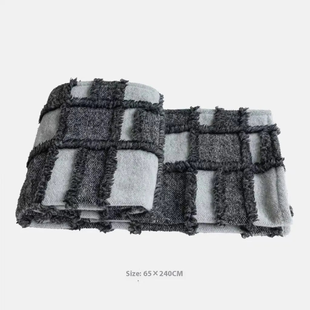 Modern grey and white plaid bed runner set with leather round pillow on 1.5m bed