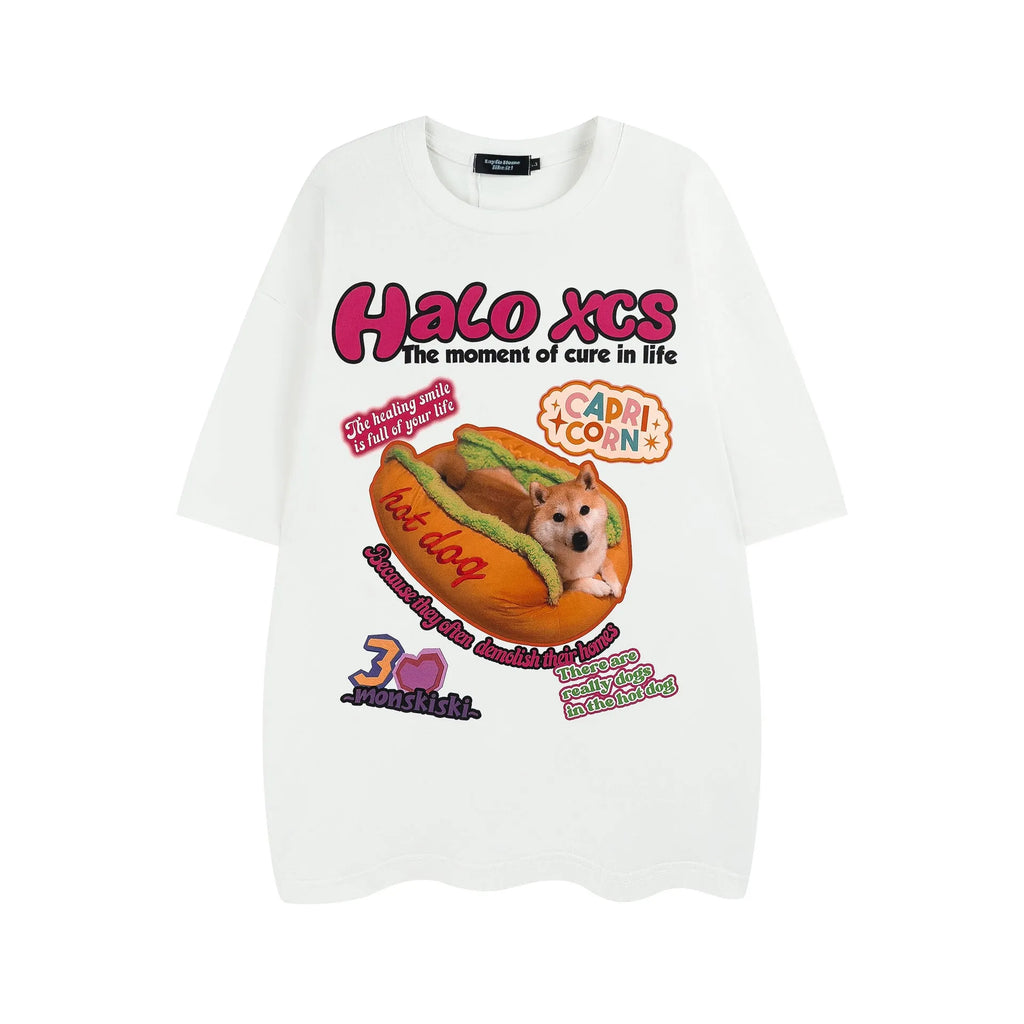 White cartoon hamburger and dog print on a loose-fit cotton T-shirt.