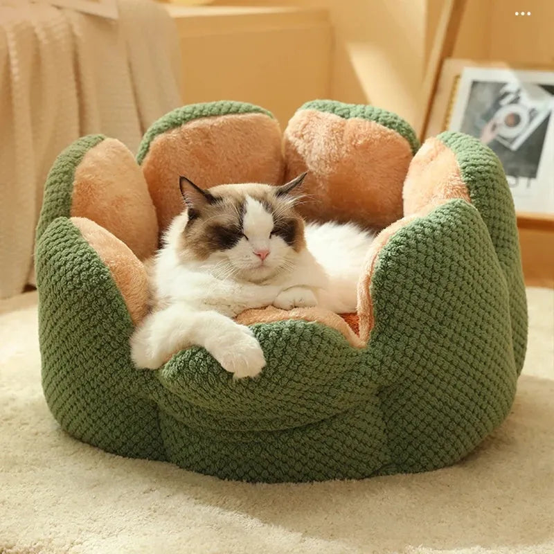 Green cactus petal shape plush pet bed for cats and dogs on hardwood floor
