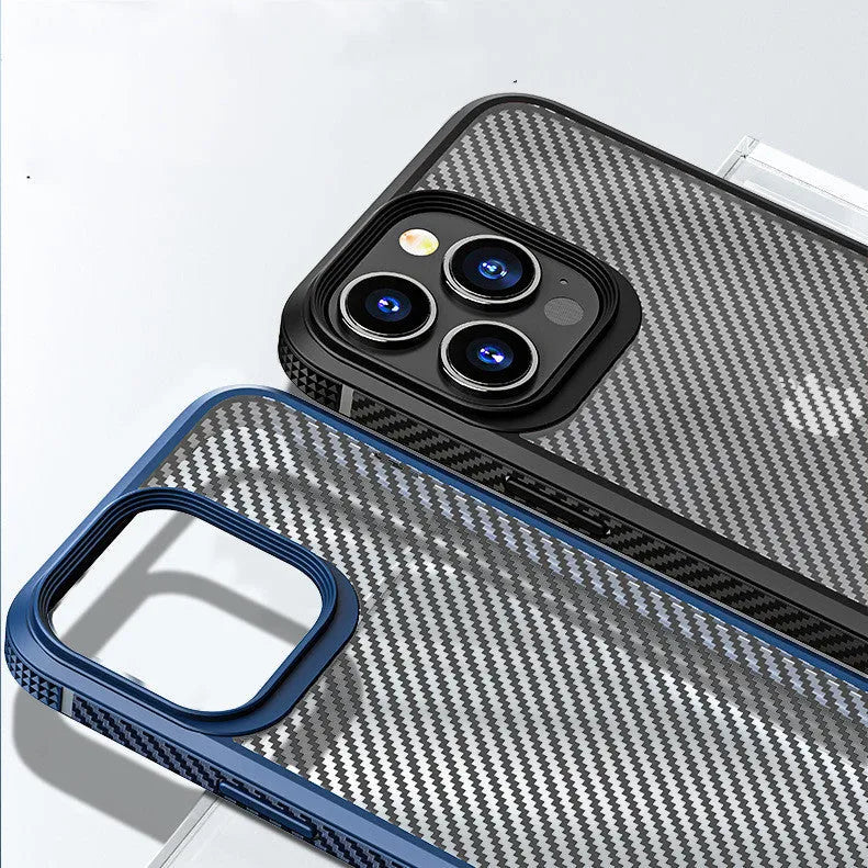 Black carbon fibre pattern protective phone case for Apple iPhone 13 models on a table.