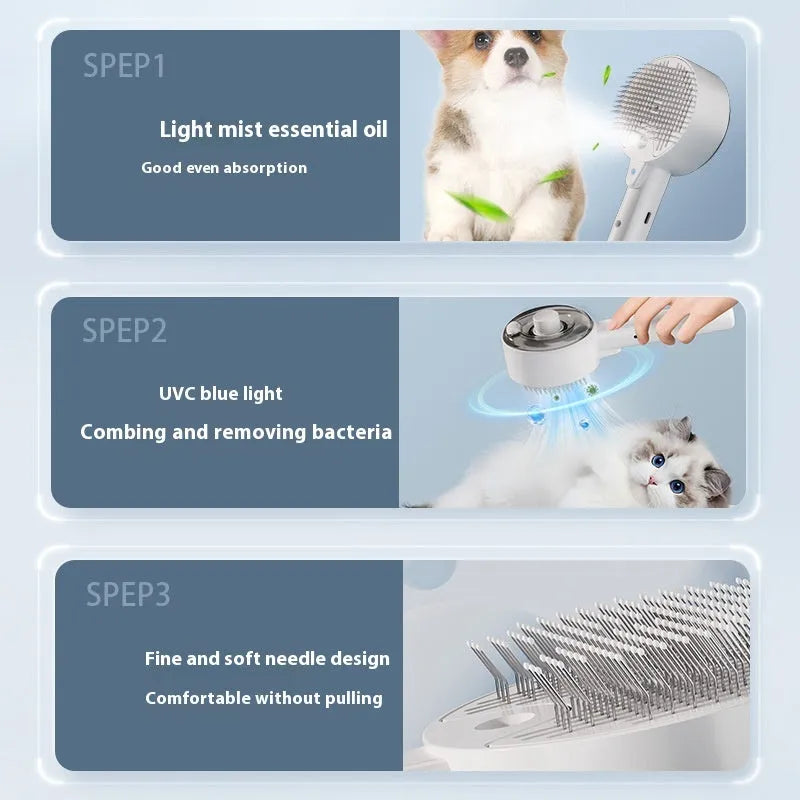 Ceramic white pet grooming brush with UV sterilisation light and spray mist function for dog and cat hair removal