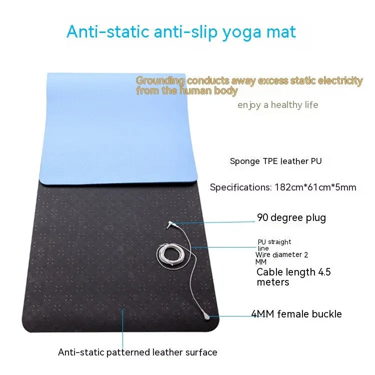 Blue conductive yoga mat with floral pattern, grounding wire, and dimensions 182x61cm.
