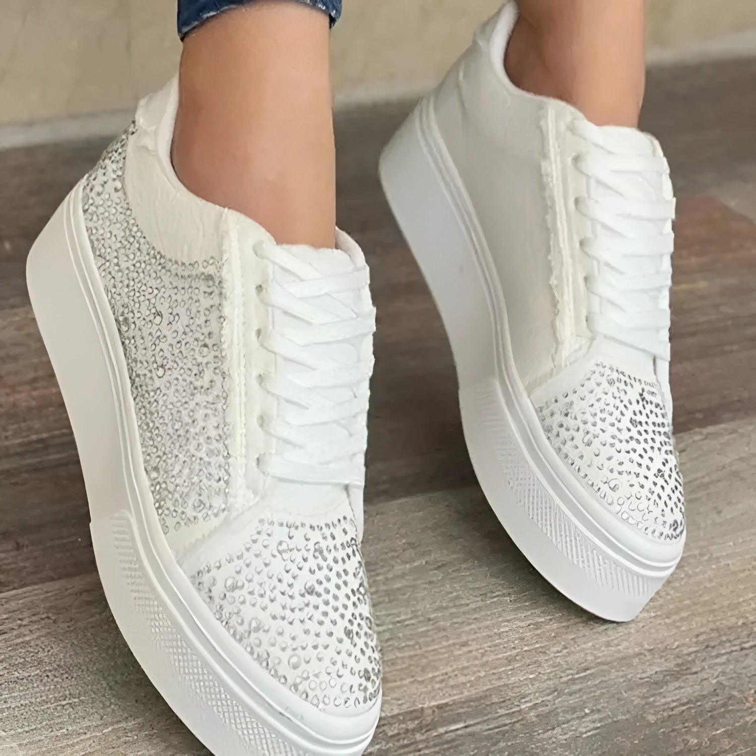 Plus size women's black lace-up casual shoes with rhinestones on round toe and thick flat rubber sole