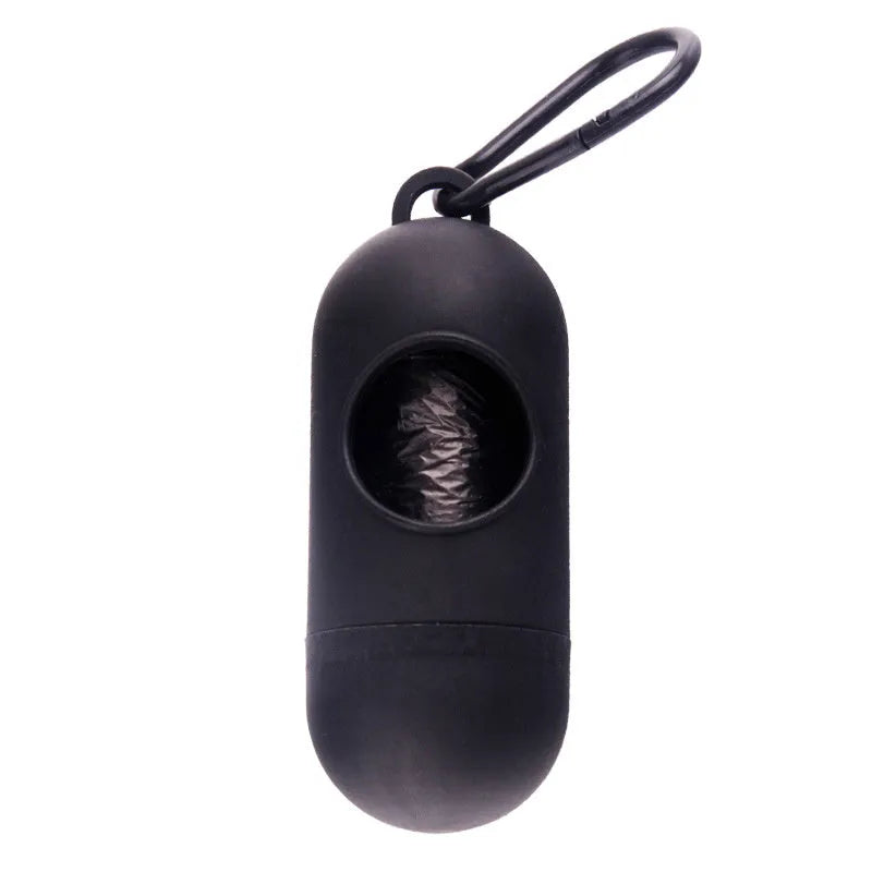 Small square dog waste bag dispenser with a metal side hook, shown in various colours.