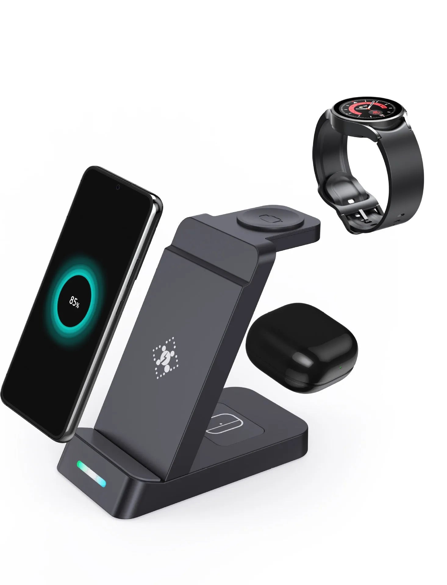 Black 3-in-1 wireless charging station for phone, AirPods and iWatch on a desk.