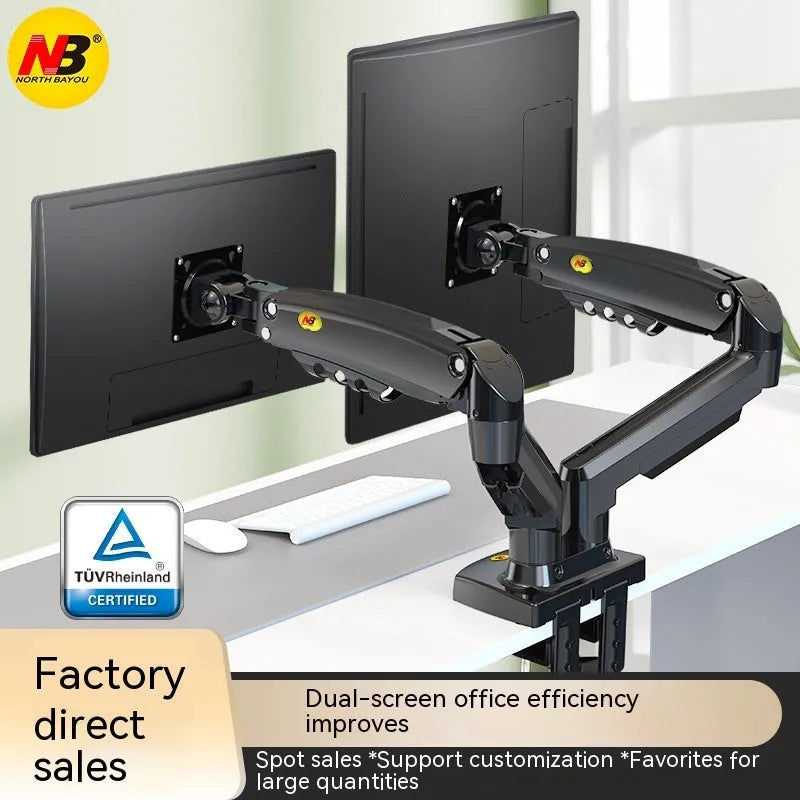 Dual screen lifting monitor desk bracket in a dual-screen colour variant, showing VESA plate compatibility.