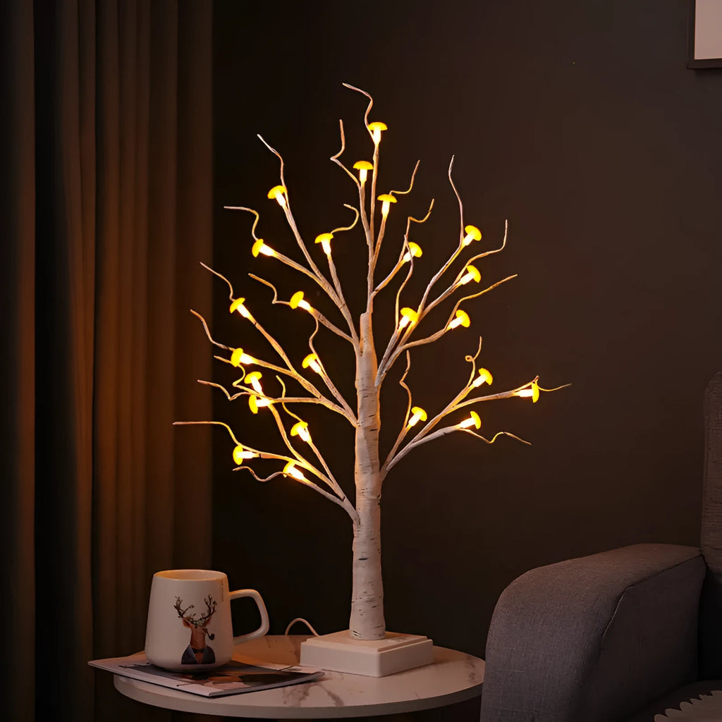 60cm tall mushroom tree LED lamp with warm light colour and 24 detachable plastic flowers on birch tree design