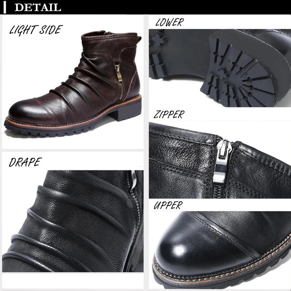 Brown mid-calf cowboy boots with side zipper, round toe, and horseshoe heel on wooden floor