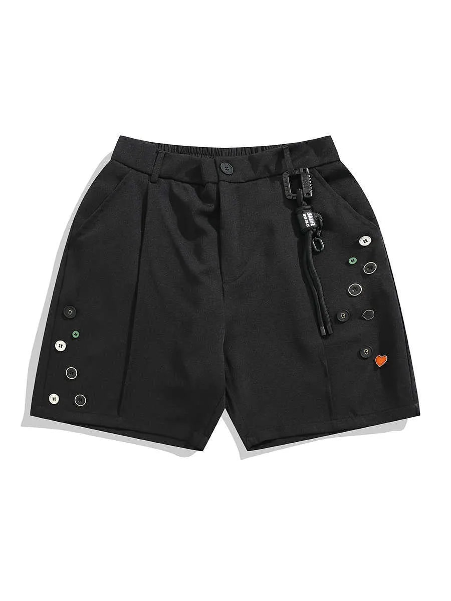 Men's black semi-elastic waist casual shorts with button and zip fly, shown in a loose, straight-leg fit.