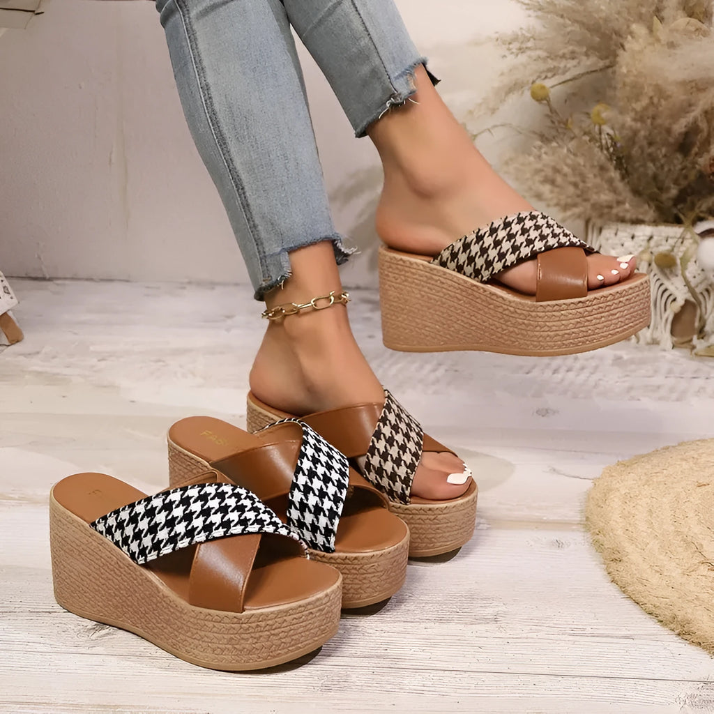 Brown and black leopard plaid pattern wedge sandals with rubber soles